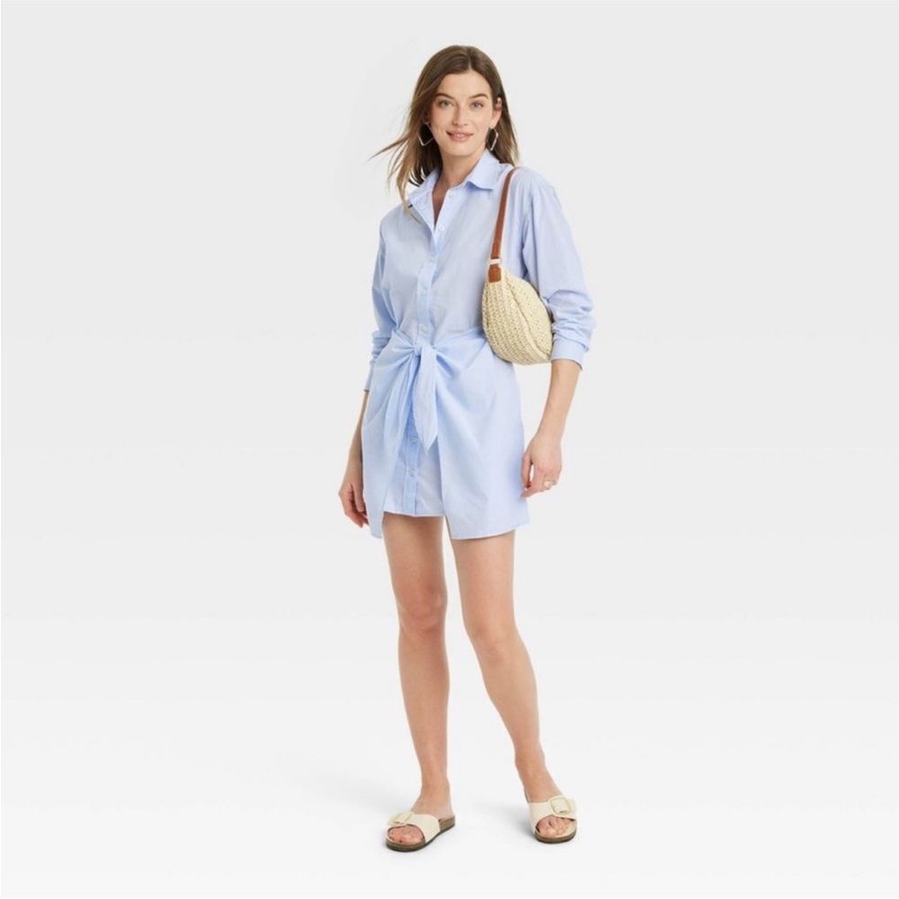Target Universal Thread Sky Blue Cotton Collared Tie Waist Shirtdress